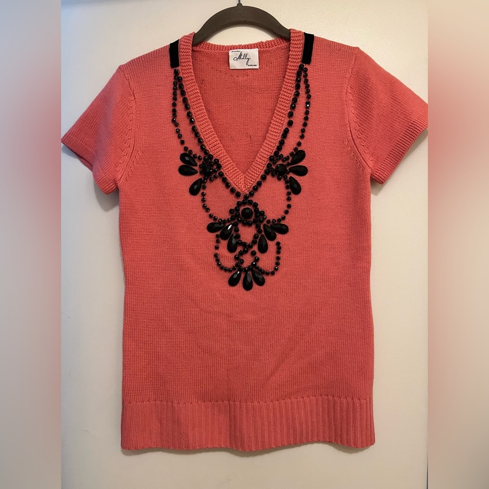 Milly Rhinestone Bow Necklace V- Neck Sweater